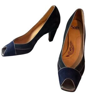 Sofft Black Suede Pumps Peep Toe Comfort Colorblock Heels Size 10M Jewel Tones